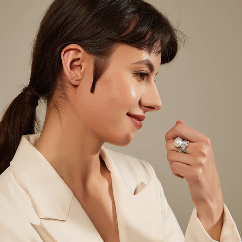 11-12mm Freshwater Pearl & Floral Green CZ Ring - Rings made with hand-selected pearls from House of Pearls