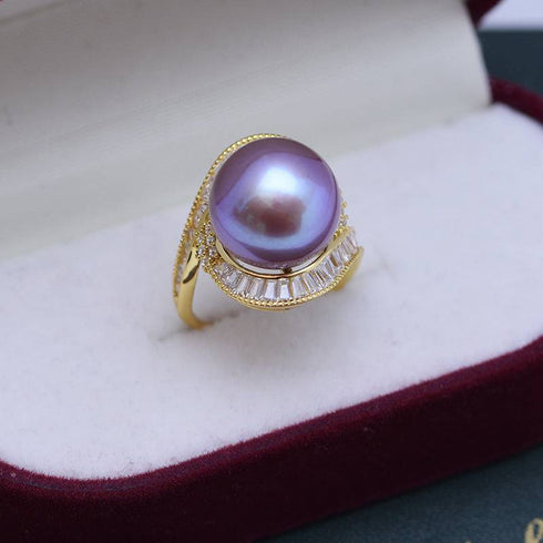 12-13mm Freshwater Pearl & Large Full CZ Rose Ring - House Of Pearls