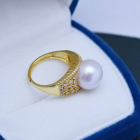 12-13mm Freshwater Pearl & Shine CZ Wide Ring - House Of Pearls