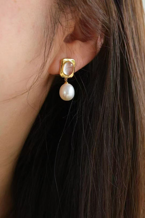 Rose Quartz Stud Pearl Drop Earrings with gold-tone square setting and hanging pearl