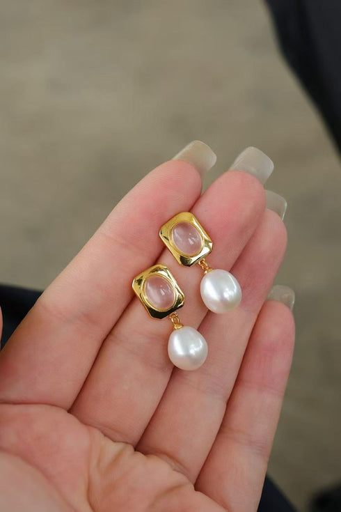Rose Quartz Stud Pearl Drop Earrings, pair in gold-tone square settings with pink quartz cabochons and dangling pearls