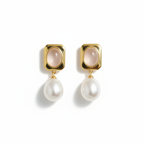Rose Quartz Stud Pearl Drop Earrings, pair of gold-tone square settings with dangling white pearls.