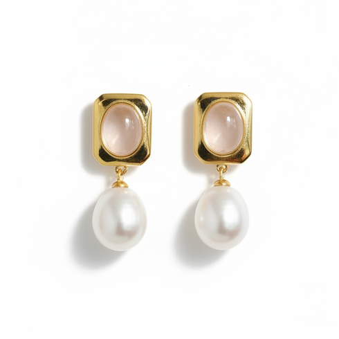 Rose Quartz Stud Pearl Drop Earrings, pair of gold-tone square settings with dangling white pearls.