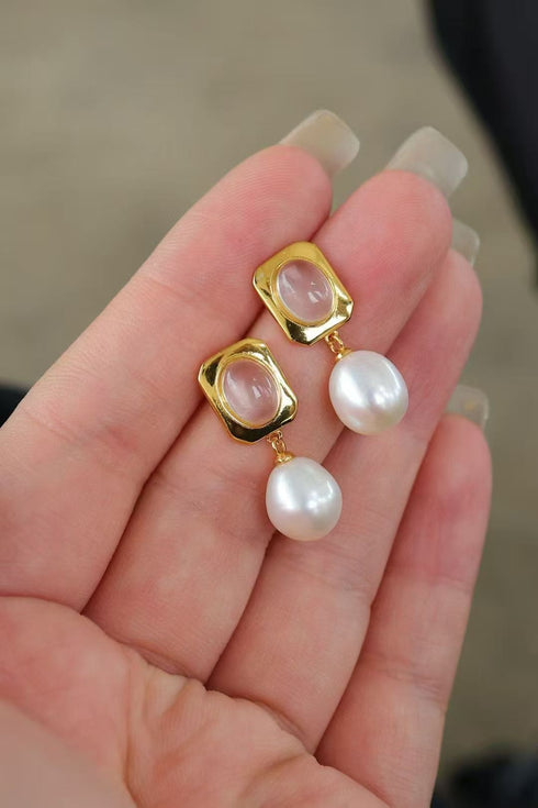 Rose Quartz Stud Pearl Drop Earrings, gold-tone settings with pink rose quartz stones and dangling white pearls, pair
