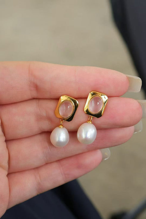 Rose Quartz Stud Pearl Drop Earrings, a pair with rose quartz studs in square gold-tone frames and white pearl drops.