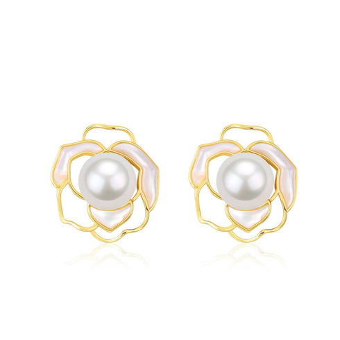 Rose White Mother of Pearls Set earrings; gold-tone floral frames with white pearl centers