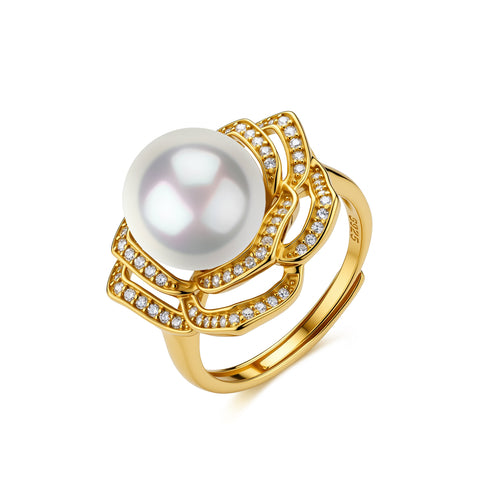 Freshwater pearl and cubic zirconia camellia ring by House of Pearls-JT featuring 10-11mm pearls and intricate floral design.