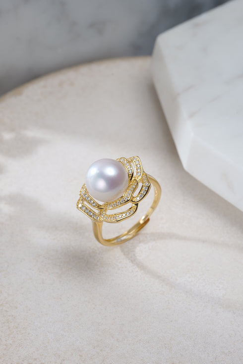 10-11mm freshwater pearl Camellia ring with cubic zirconia accents from House of Pearls-JT, featuring a floral design and elegant craftsmanship.