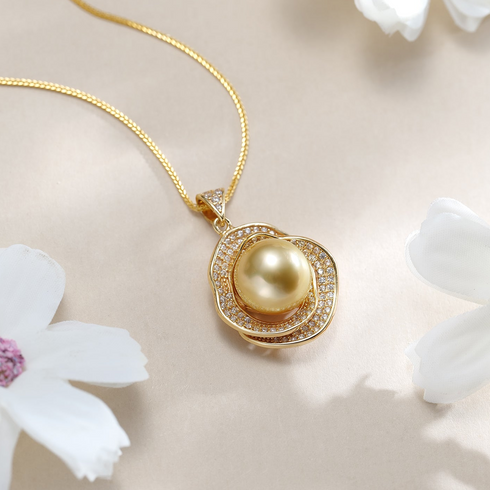 10–11mm South Sea golden pearl rose halo pendant necklace on gold chain with pavé diamond surround