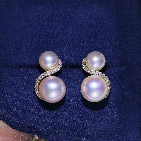 S Shape Double Pearl Earrings pair with lavender pearls and diamond-embellished curves