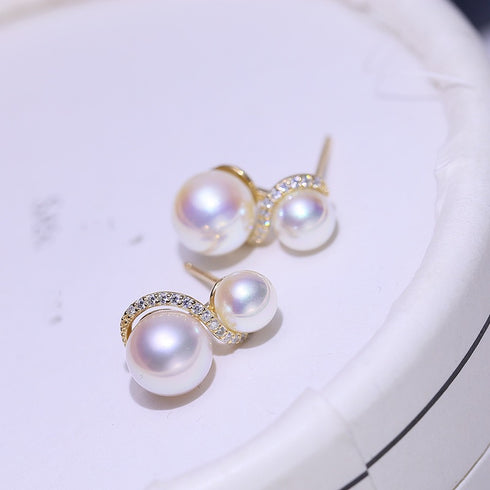 Pair of S Shape Double Pearl Earrings, gold-tone with crystal accents, House of Pearls-YW