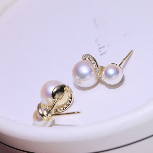 S Shape Double Pearl Earrings, pair in gold-tone setting with pavé diamond-accented curves.