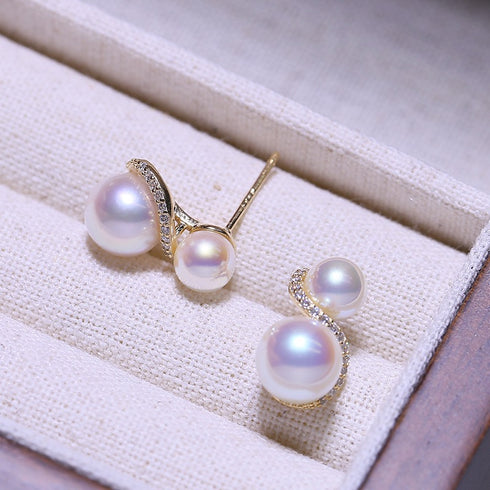 S Shape Double Pearl Earrings in gold-tone with two white pearls and diamond accents