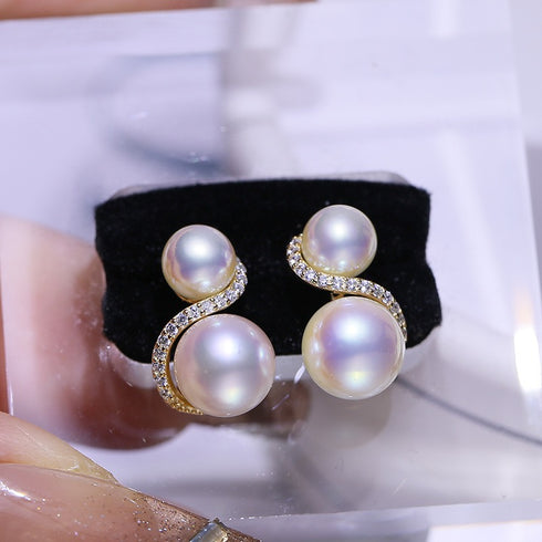 S Shape Double Pearl Earrings, gold-tone with pave crystals and iridescent pearls, pair.
