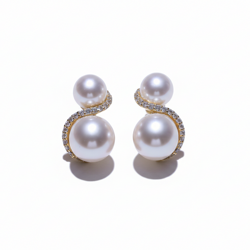 S Shape Double Pearl Earrings, gold-tone with pavé crystals and white pearls, pair