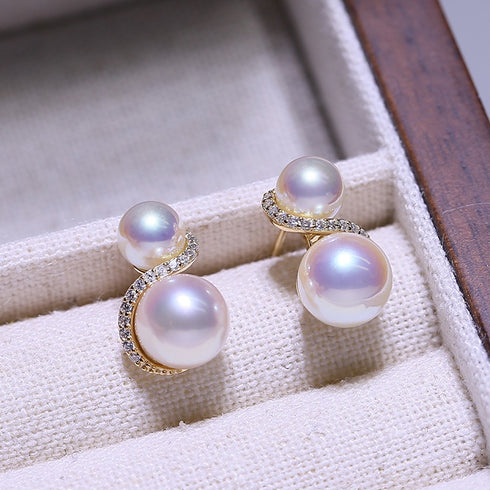 S Shape Double Pearl Earrings pair in gold-tone setting with two iridescent pearls, House of Pearls-YW