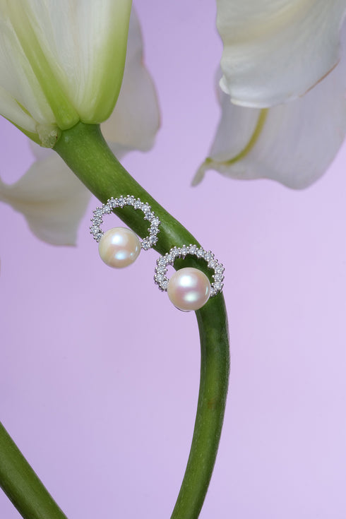 7-8mm White Akoya Pearl CZ Halo Circle Pearl Stud Earrings - Earrings made with hand-selected pearls from House of Pearls