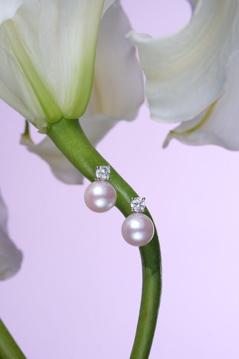8-9mm Akoya Pearl Sasha Stud Earrings with white pearls and diamond accents