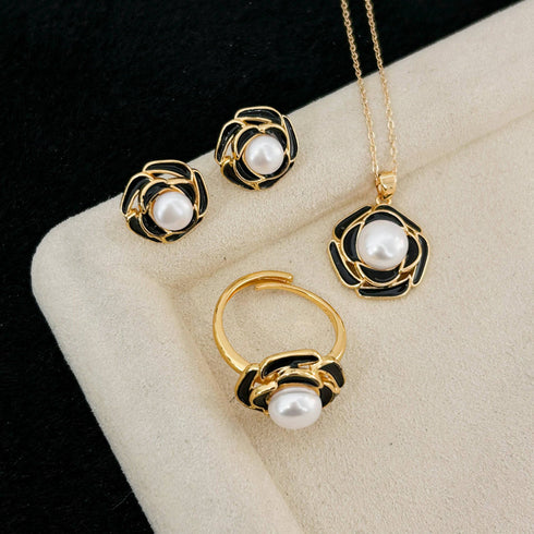 Black Camellia Pearl Jewelry Set - House Of Pearls