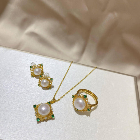 Green Square Pendant White Freshwater Pearl Jewelry Set - House Of Pearls