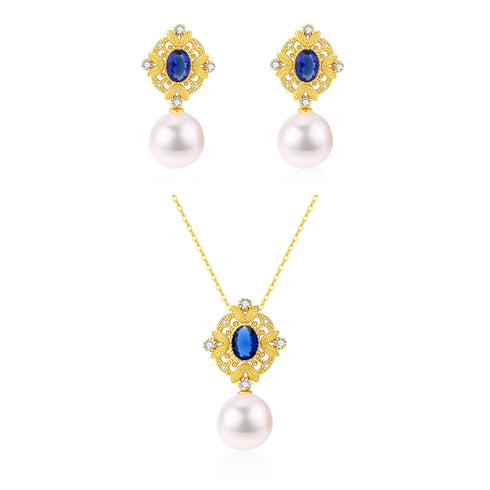 Sapphire Vintage Baroque Pearls Earrings Pendant Necklace (Purchase Individually) - House Of Pearls