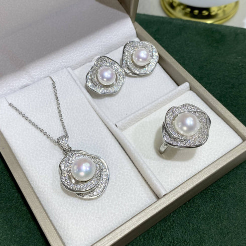 White Zirconia White Freshwater Pearl Jewelry Set - House Of Pearls