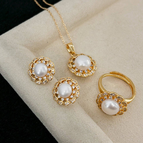 Wreath CZ Button Pearl Jewelry Set - House Of Pearls