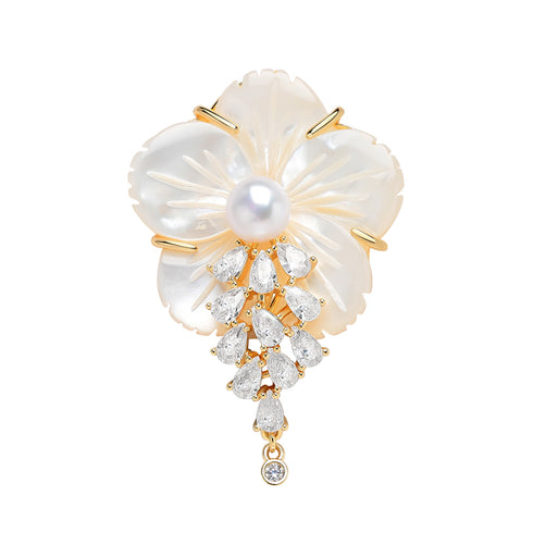 Shell Carved Flower Pearl Cubic Zirconia Brooch - Brooch made with hand-selected pearls from House of Pearls