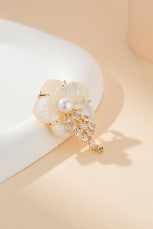 Shell Carved Flower Pearl Cubic Zirconia Brooch - Brooch made with hand-selected pearls from House of Pearls