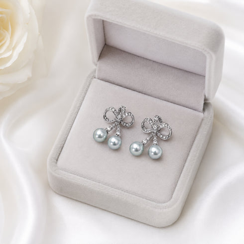 Earrings: Pair of 7–8mm Japanese Silver Blue Akoya Pearl Celestial Bow Duo Drop