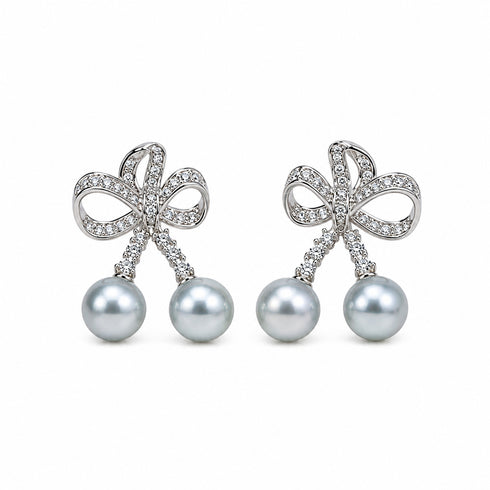 Earrings: pair of celestial bow drop earrings with crystal-encrusted loops and two 7–8mm silver-blue Akoya pearls