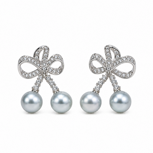 Earrings: pair of celestial bow drop earrings with crystal-encrusted loops and two 7–8mm silver-blue Akoya pearls