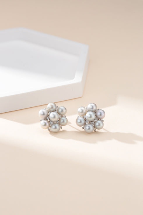 Silver Multi-Pearl Stud Earrings; pair of freshwater pearl clusters by House Of Pearls.