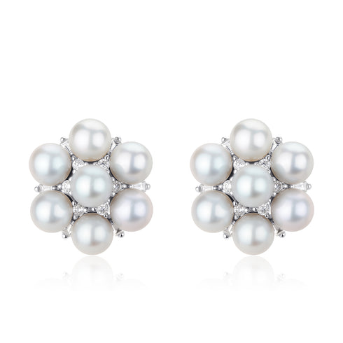 Silver multi-pearl stud earrings; freshwater pearls with crystal accents, pair shown