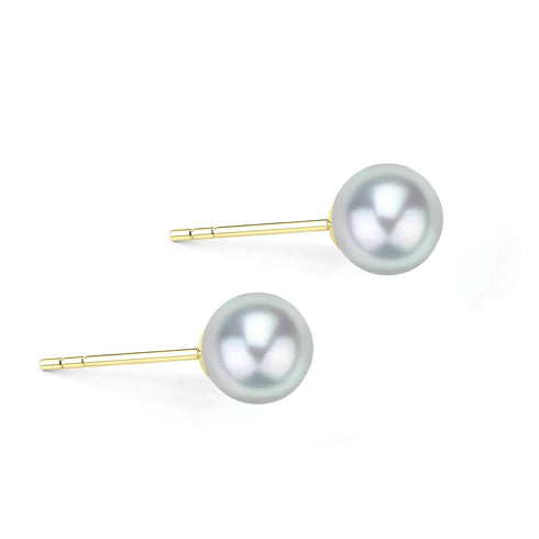 Pearl stud earrings with silver-blue Akoya pearls on gold posts, 4–8 mm each, three shown.
