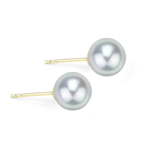 Pearl stud earrings with silver-blue Akoya pearls on gold posts; three lustrous pearls.