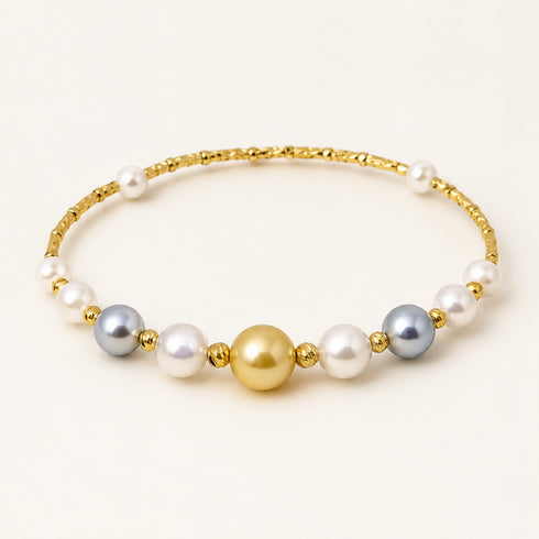 Bracelet: Smile Golden South Sea & Akoya Pearl Bangle by House Of Pearls - DL, gold beads with white and gray pearls