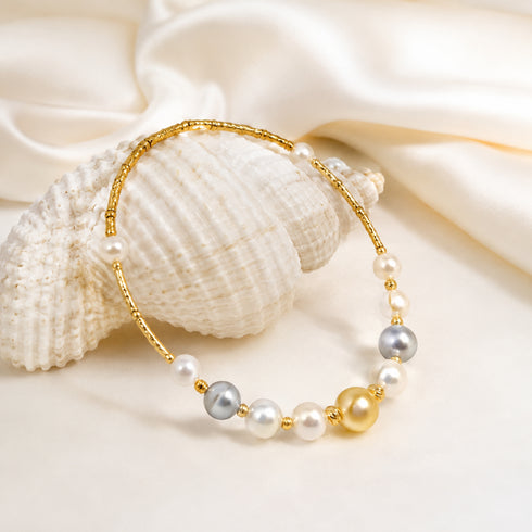 Smile Golden South Sea & Japanese Akoya Pearl Bangle Bracelet with gold-tone beads and white, cream, and golden pearls