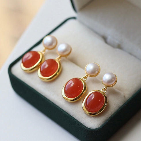 South Red Agate Pearl Drop Earrings, pair with gold-tone settings and white pearl studs
