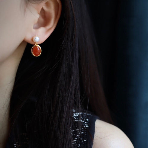 South Red Agate Pearl Drop Earrings by House Of Pearls LXP; gold-tone drops with red agate and white pearl accent