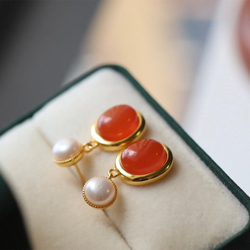 South Red Agate Pearl Drop Earrings, gold-tone setting with red agate cabochons and pearl drops (pair)