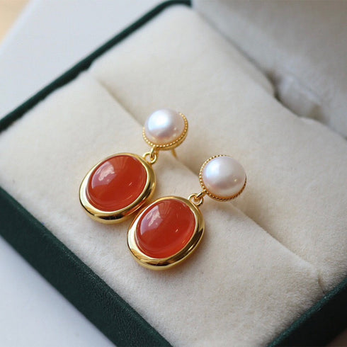 South Red Agate Pearl Drop Earrings, gold-tone settings with pearl toppers
