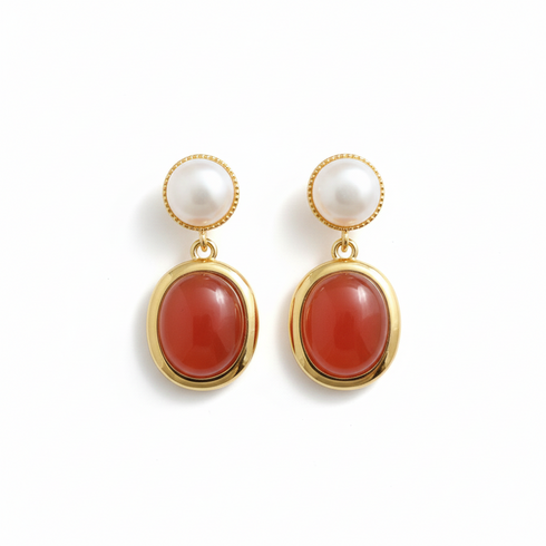 South Red Agate Pearl Drop Earrings, a pair in gold-tone metal with pearl studs and red agate drops