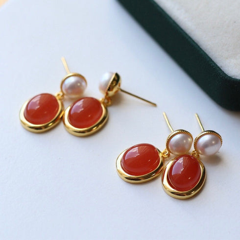 South Red Agate Pearl Drop Earrings, gold-tone with red cabochon drops and pearl accents, pair