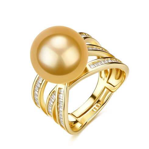 Ring, Minimalist 12–13mm Golden South Sea Pearl on a gold band with baguette diamonds, House of Pearls - MZ