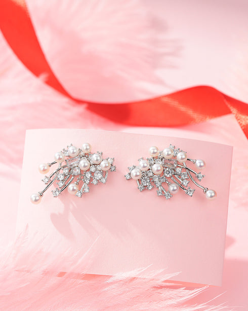 Sparkling Lucky Pearl Stud Earrings pair with silver-tone metal and a pearl-crystal cluster design.
