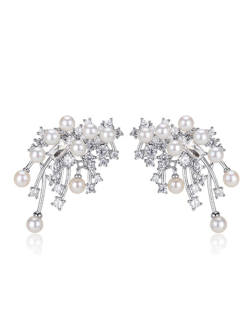 Sparkling Lucky Pearl Stud Earrings pair, silver-tone with pearls and clear crystals