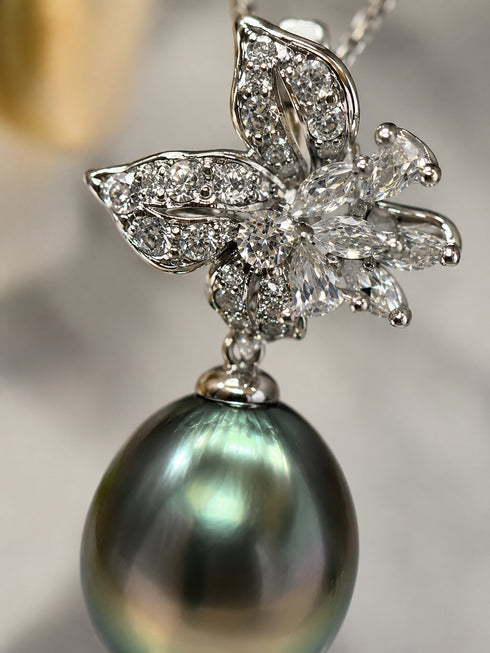 Pendant necklace with 11–12mm Tahitian baroque pearl and floral CZ cluster in sterling silver