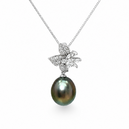 Tahitian Baroque Pearl Floral CZ Pendant Necklace in Sterling Silver with an 11–12mm pearl drop