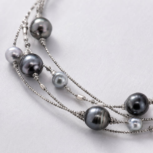 Tahitian Baroque Pearl Triple-Layer Necklace with silver chains and 6–10mm pearls
